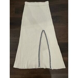 Zara Ribbed Knit Midi Skirt Womens Small Cream Side Slit